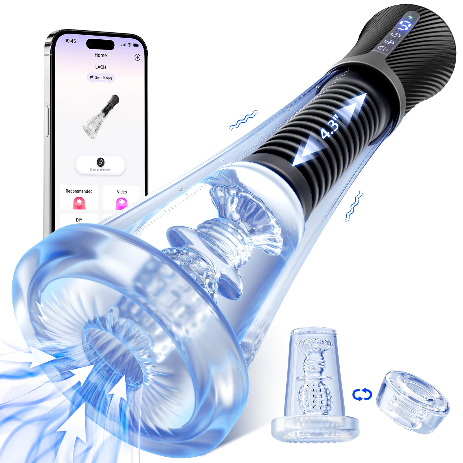 Male Masturbator Penis Pump Enlarger - Transparent Visual Male Sex Toys for Men, APP Control Vibrating Spring & Vacuum Suction with 2 Replaceable Sleeves & 6 Penis Rings for Masturbation Glans Trainer