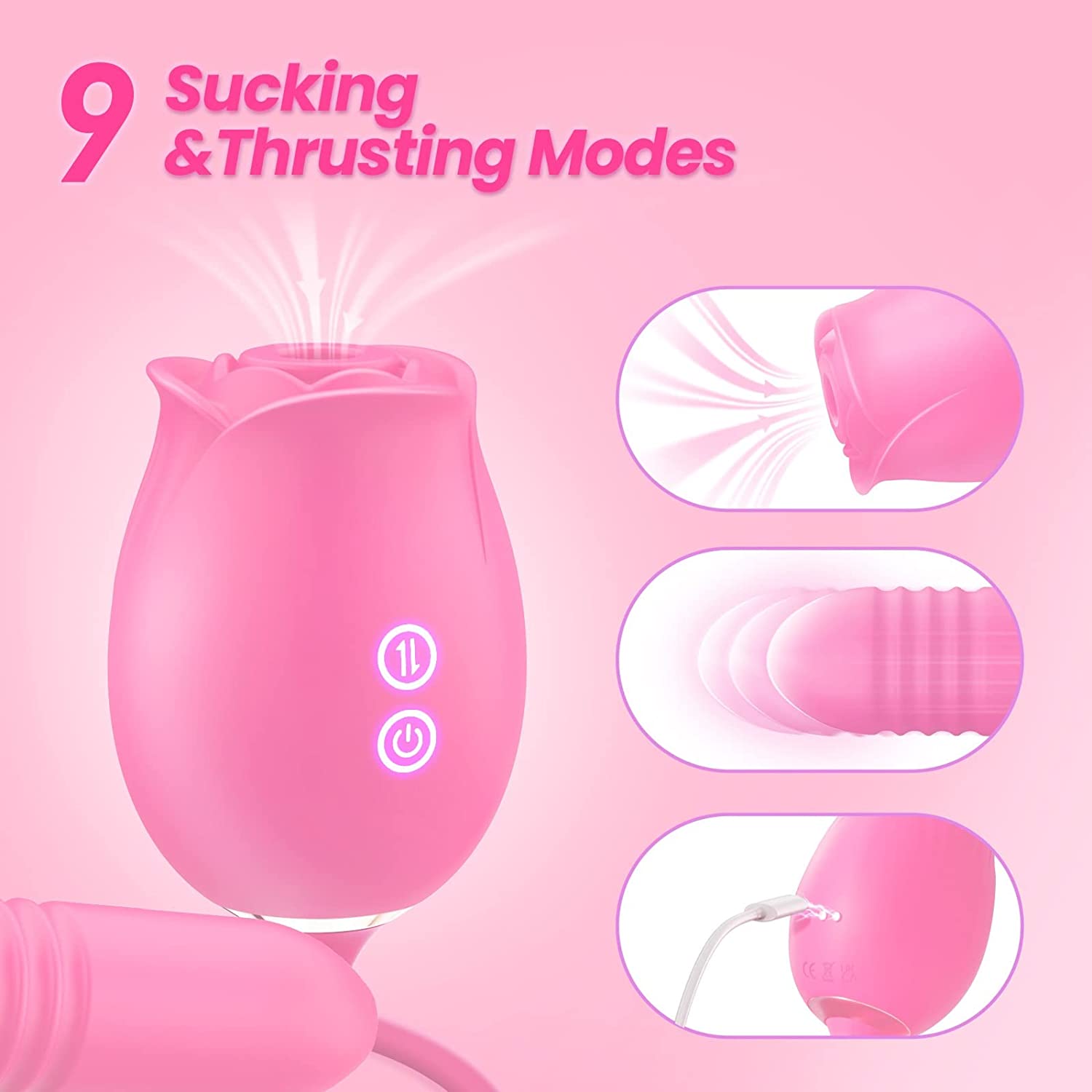 Upgraded Rose Sex Sucker Sucking Thrusting Dildo--Pink