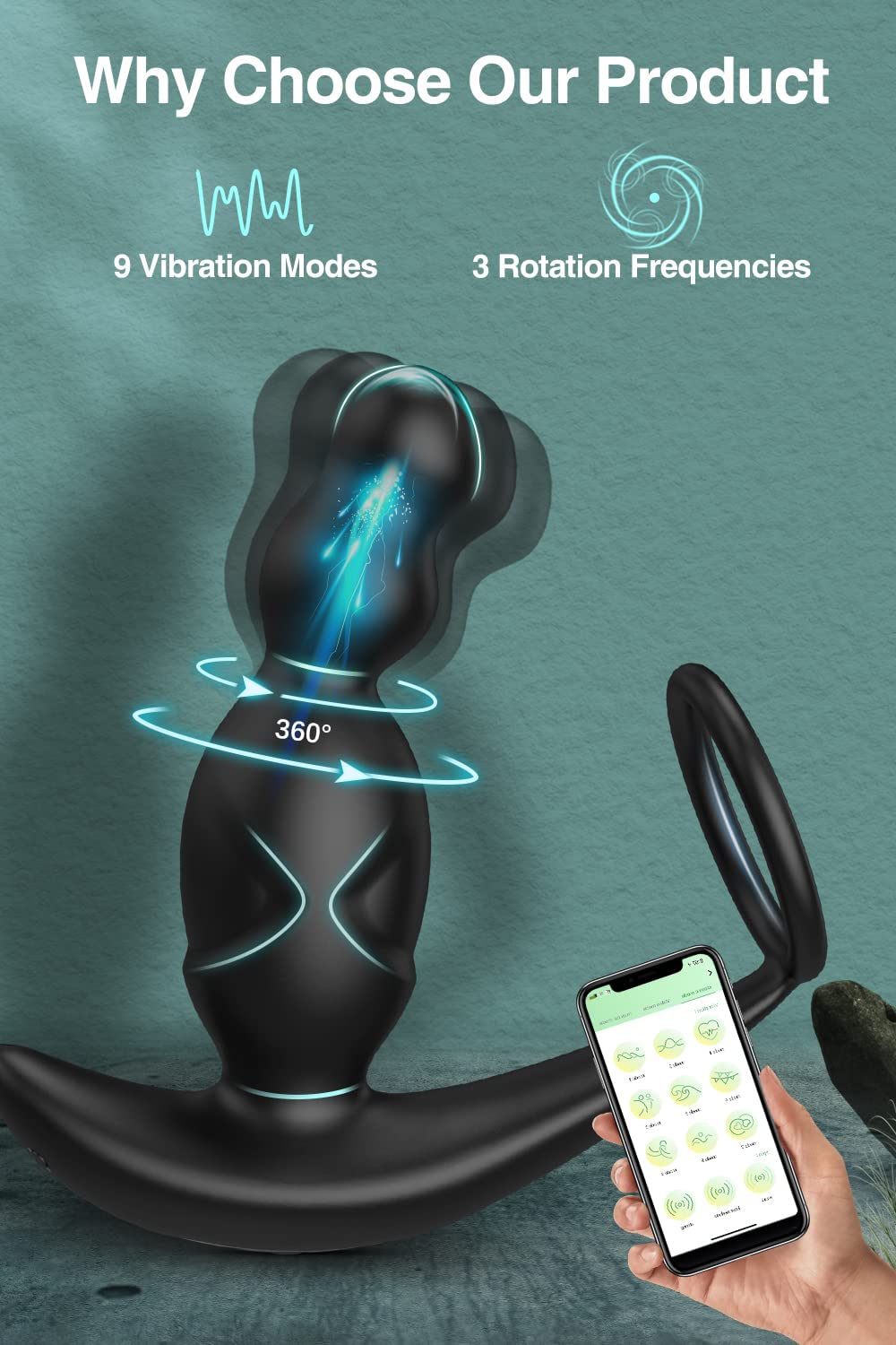 App & Remote Control with 3 Rotating & 9 Vibrating Anal Plug - Luz